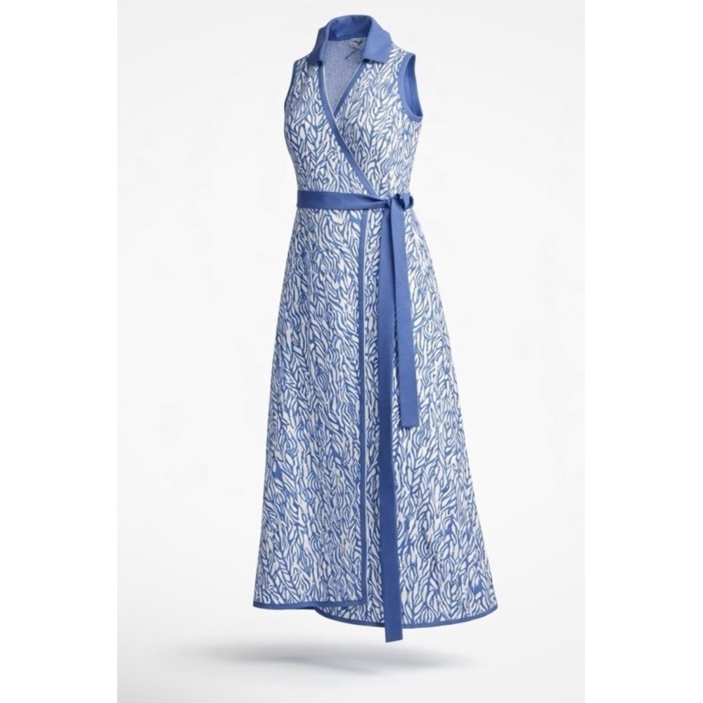 Diane von Furstenberg Women's Size 4X Collared Midi Wrap Dress Sea‎ Twig Blue